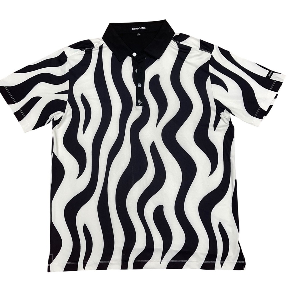 BYRDGANG | Mens‎ Medium | Black White Zebra Print | Golf Polo Shirt | Stretch